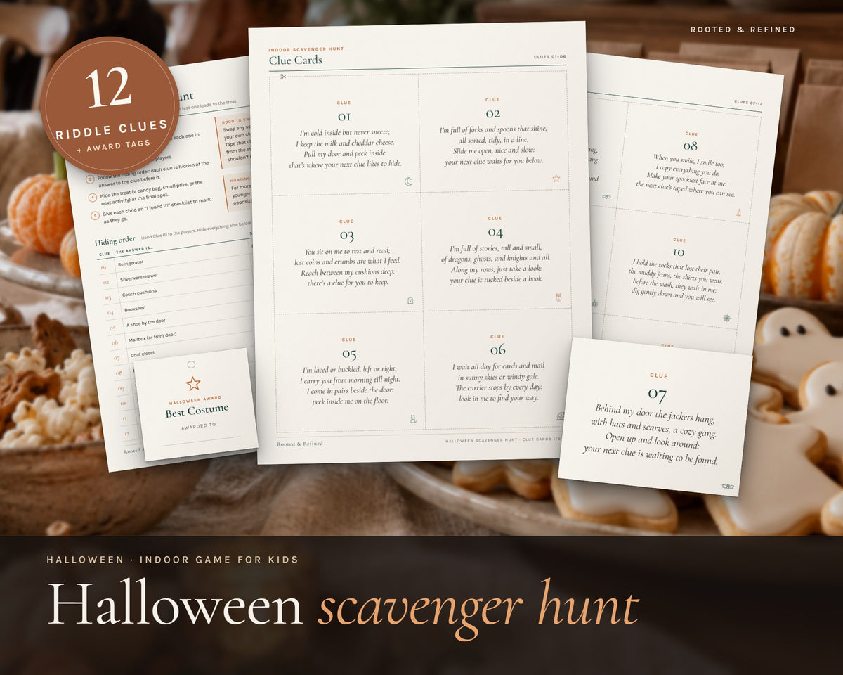 Halloween Scavenger Hunt for Kids printable from Rooted & Refined: cover preview with the printed pages styled on a table