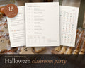 Halloween Classroom Party Kit printable from Rooted & Refined: cover preview with the printed pages styled on a table