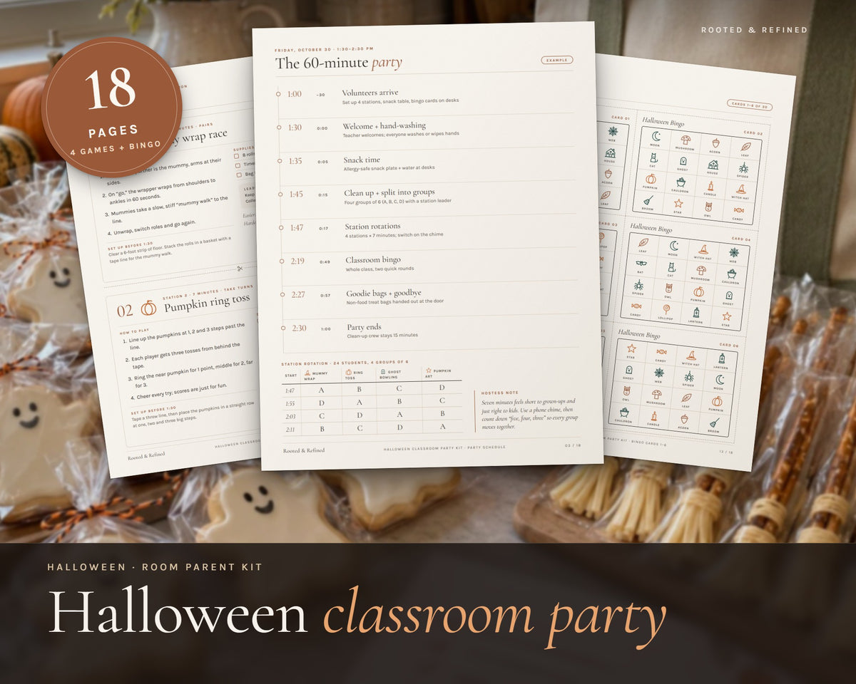 Halloween Classroom Party Kit printable from Rooted & Refined: cover preview with the printed pages styled on a table