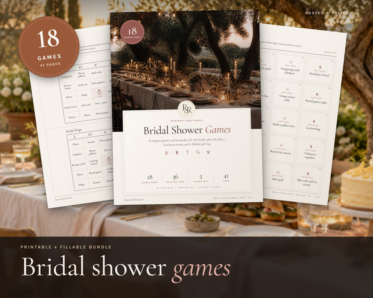 Bridal Shower Games Bundle printable from Rooted & Refined: cover preview with the printed pages styled on a table
