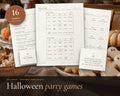 Halloween Party Games Bundle printable from Rooted & Refined: cover preview with the printed pages styled on a table