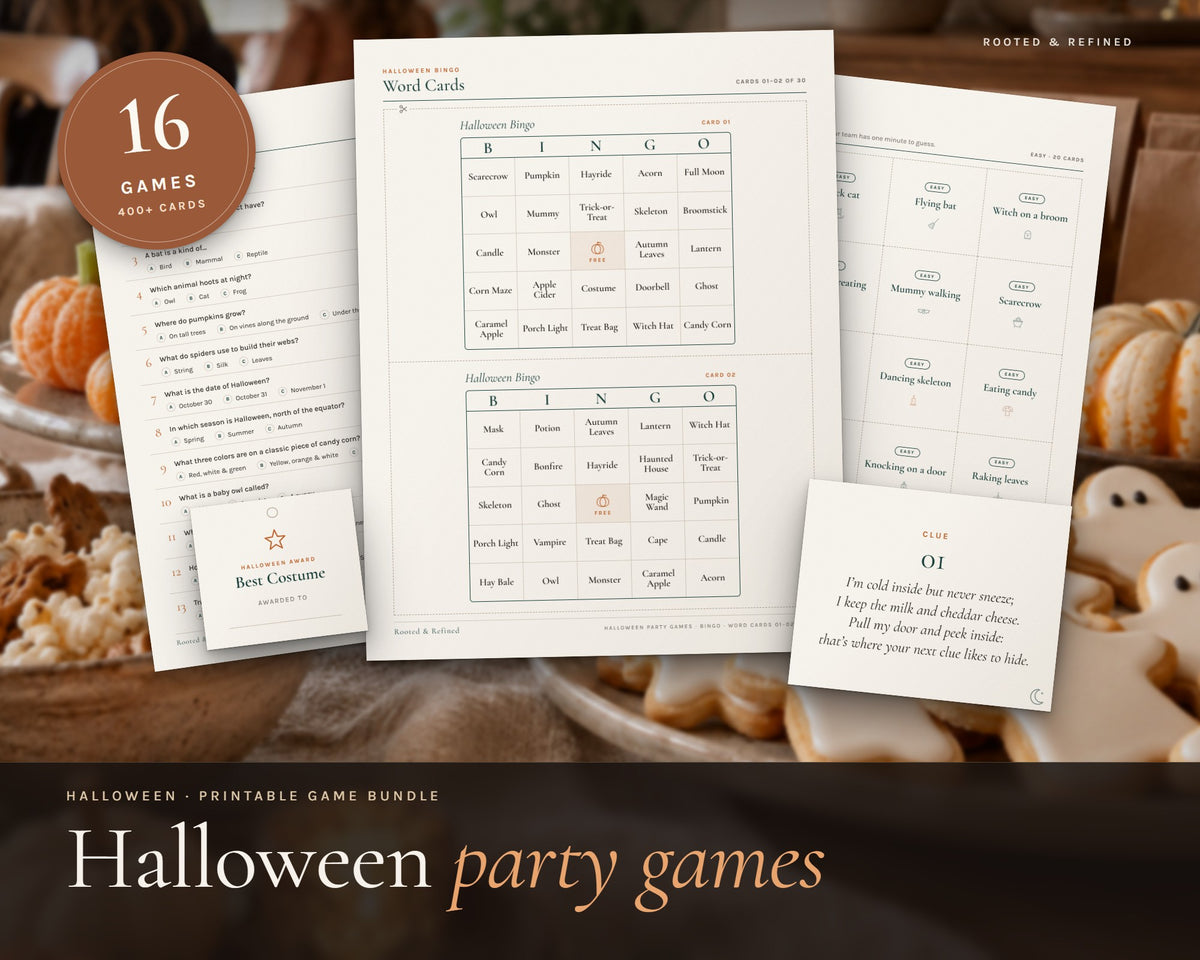 Halloween Party Games Bundle printable from Rooted & Refined: cover preview with the printed pages styled on a table