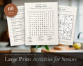 Large Print Activities for Seniors printable from Rooted & Refined: cover preview with the printed pages styled on a table