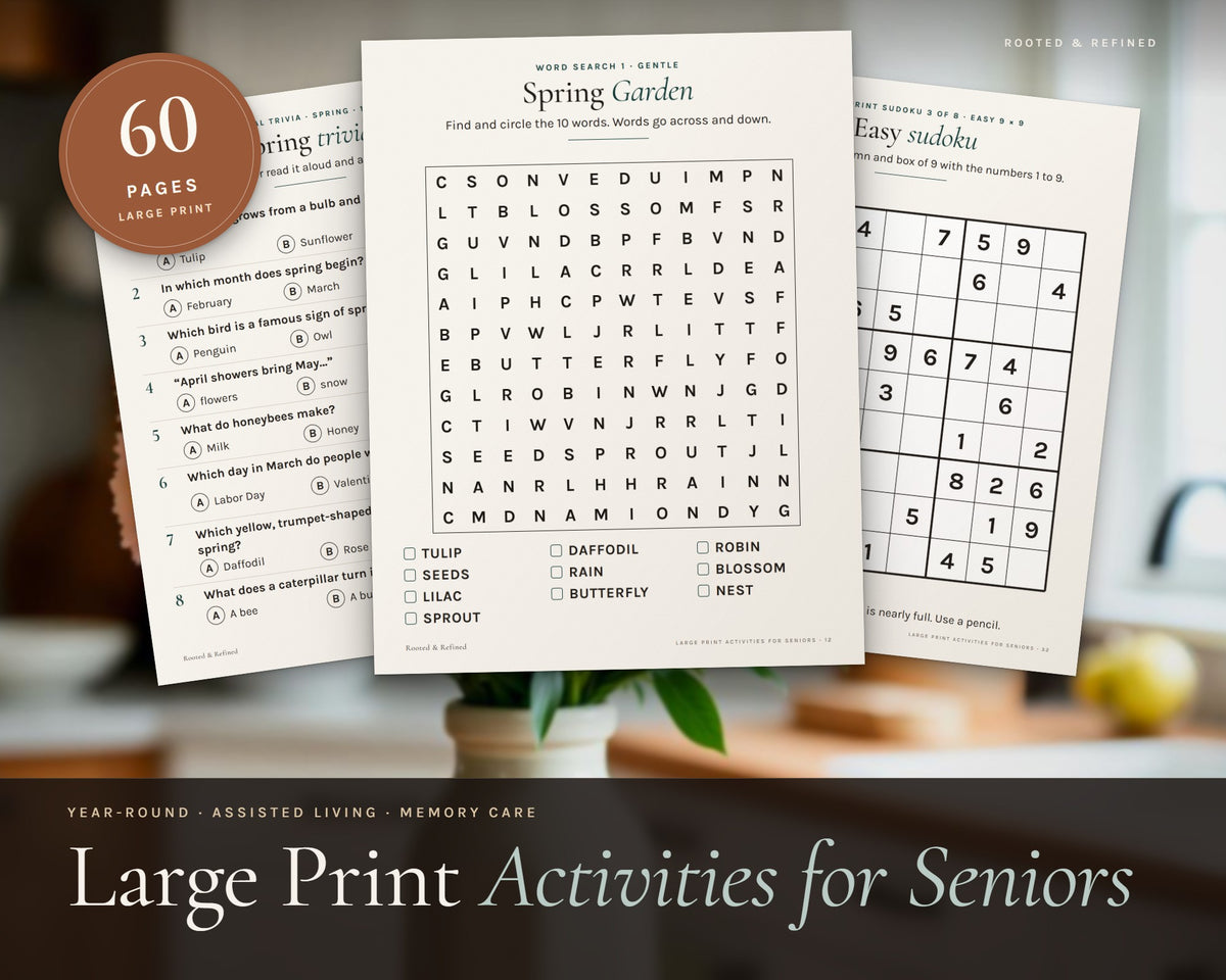 Large Print Activities for Seniors printable from Rooted & Refined: cover preview with the printed pages styled on a table