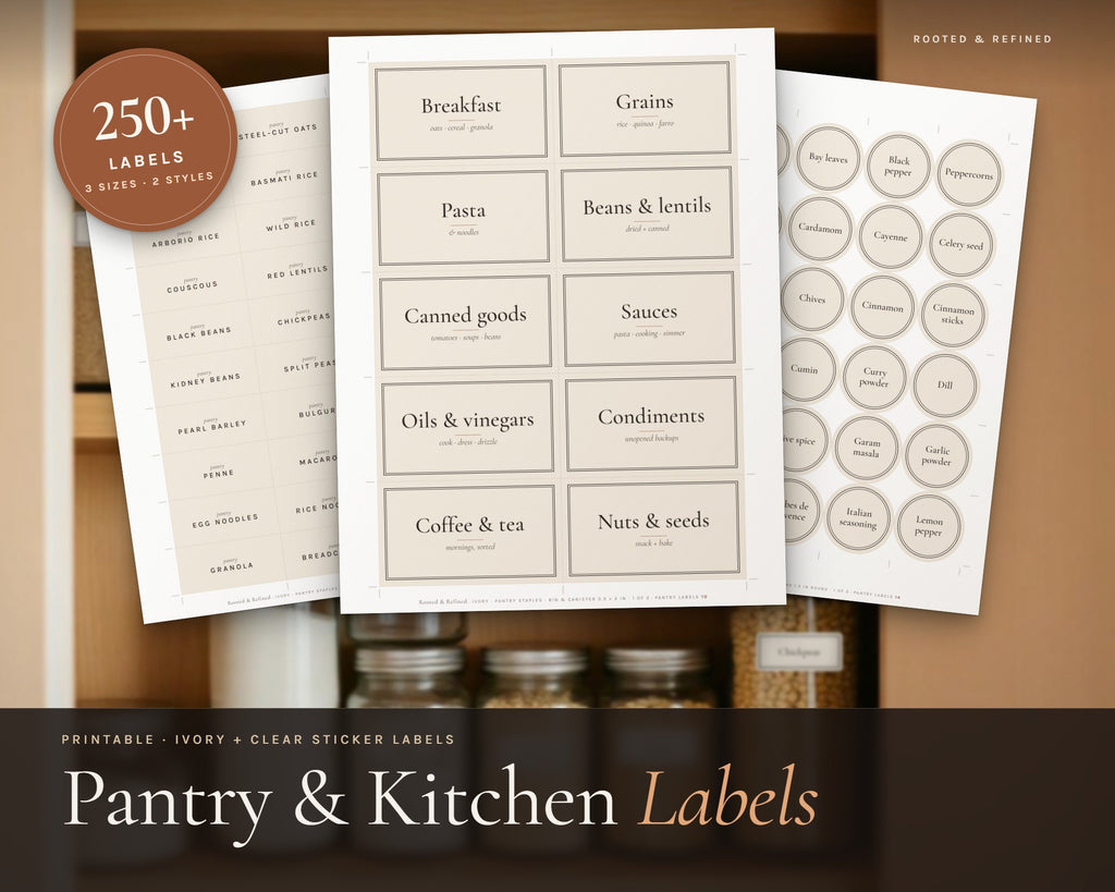 Pantry Labels printable from Rooted & Refined: cover preview with the printed pages styled on a table