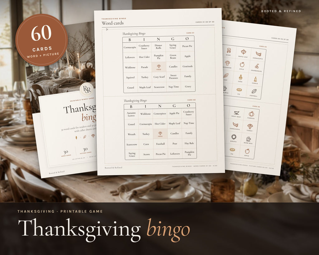 Thanksgiving Bingo printable from Rooted & Refined: cover preview with the printed pages styled on a table