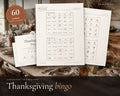 Thanksgiving Bingo printable from Rooted & Refined: cover preview with the printed pages styled on a table
