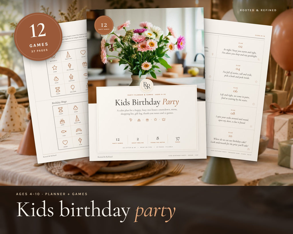 Kids Birthday Party Games and Planner printable from Rooted & Refined: cover preview with the printed pages styled on a table