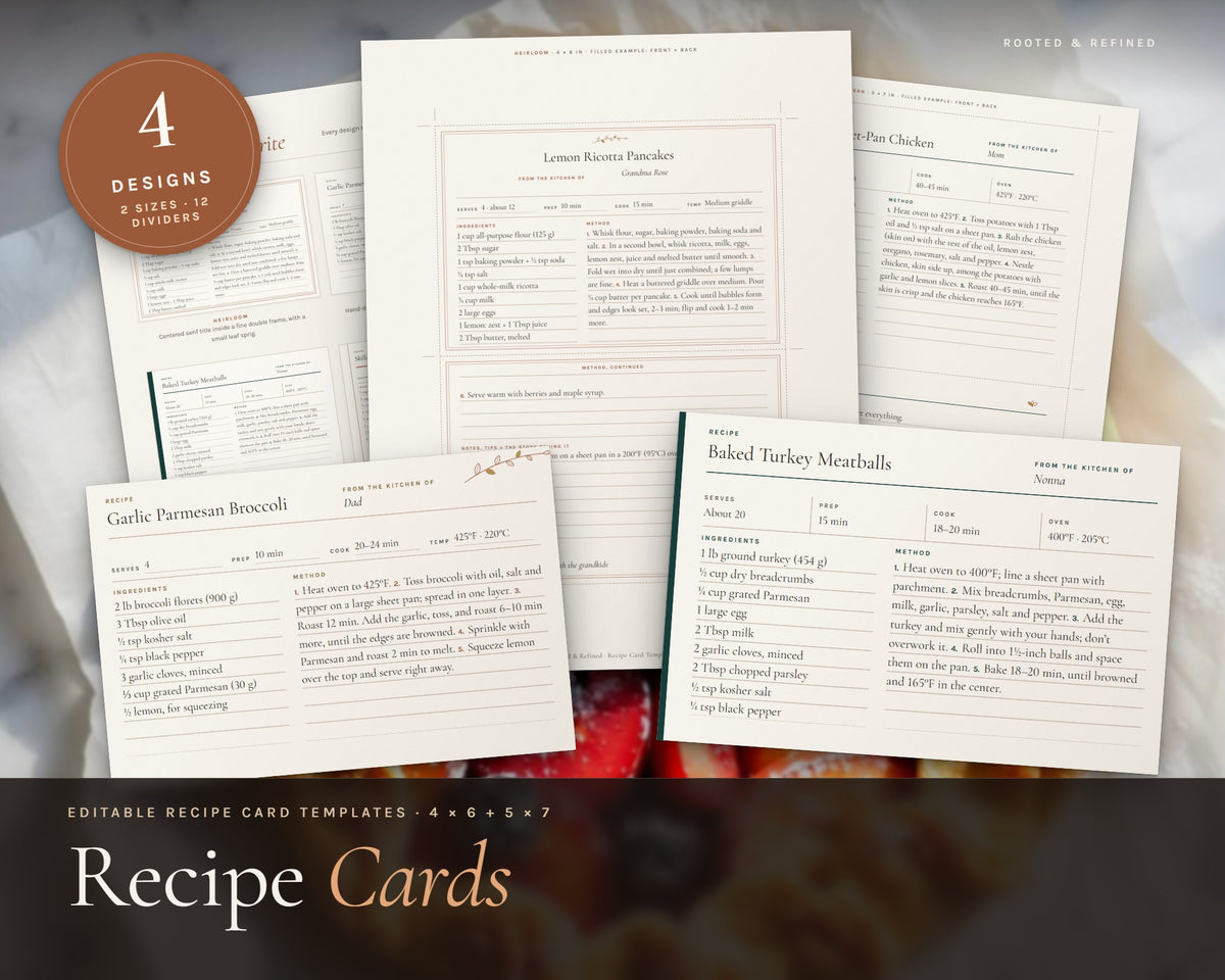 Recipe Card Templates printable from Rooted & Refined: cover preview with the printed pages styled on a table