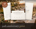 50th Anniversary Party Games printable from Rooted & Refined: cover preview with the printed pages styled on a table