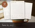 Savings Challenge 2027 printable from Rooted & Refined: cover preview with the printed pages styled on a table