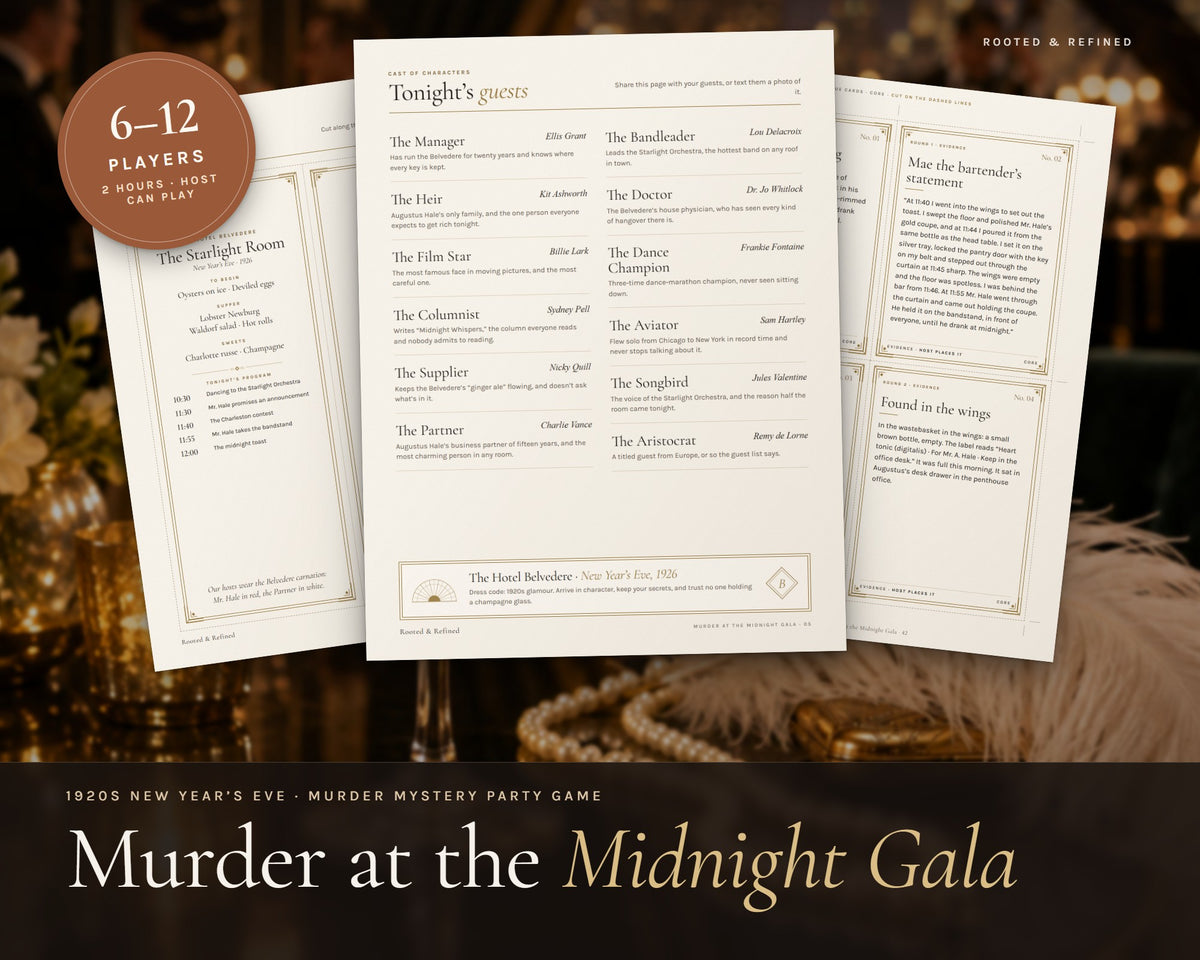 1920s New Year's Eve Murder Mystery Party printable from Rooted & Refined: cover preview with the printed pages styled on a table