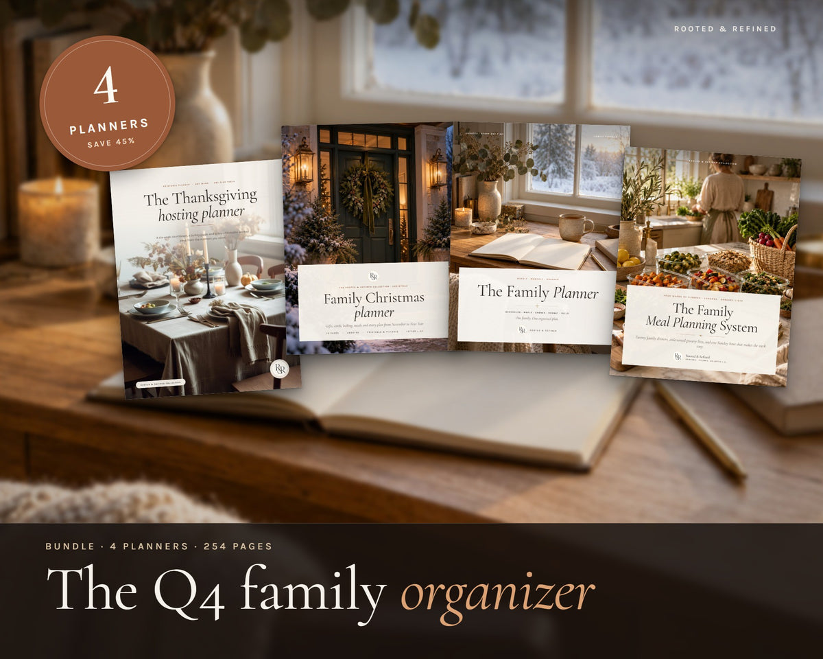 Q4 Family Organizer Bundle printable from Rooted & Refined: cover preview with the printed pages styled on a table