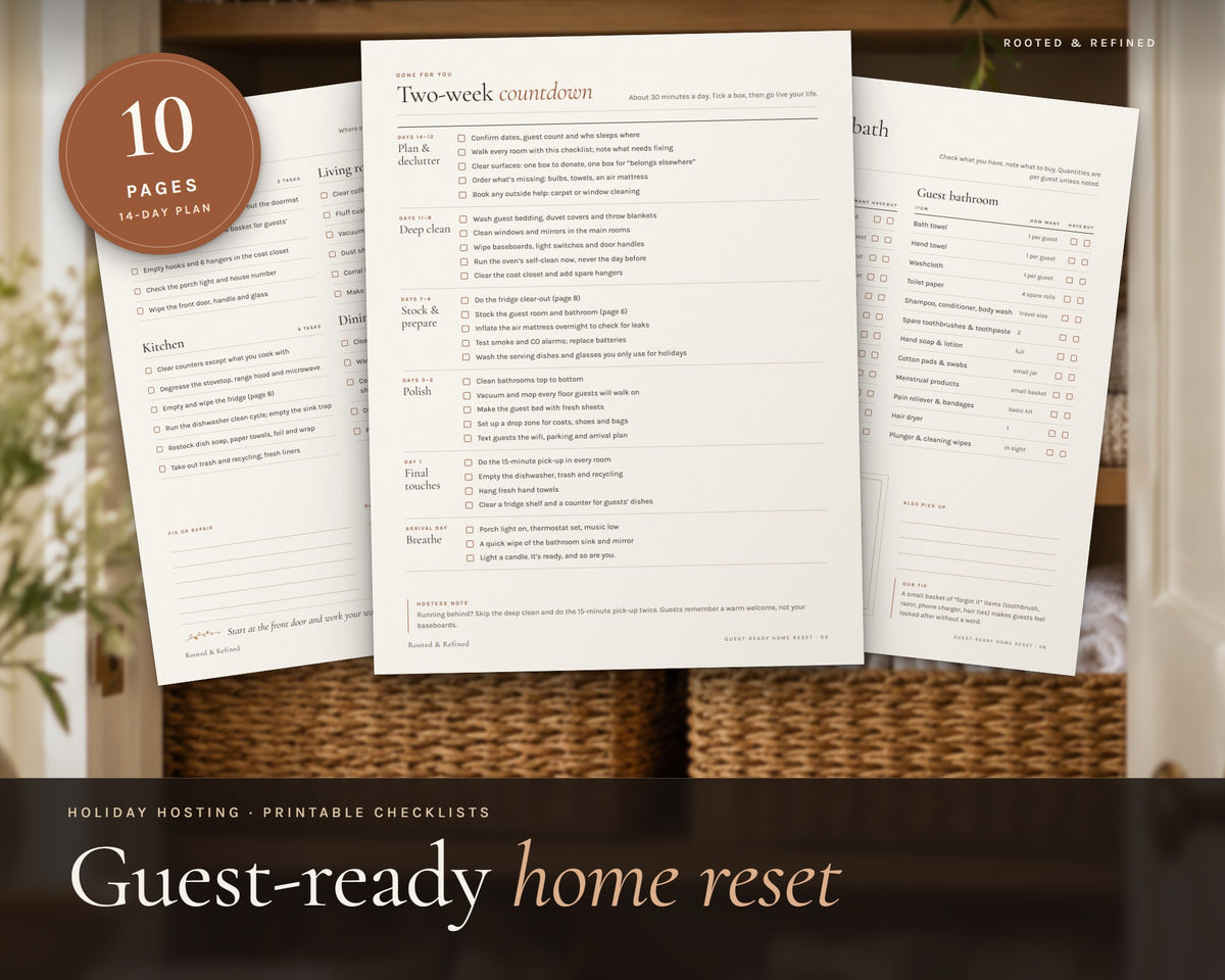 Holiday Hosting Checklist printable from Rooted & Refined: cover preview with the printed pages styled on a table