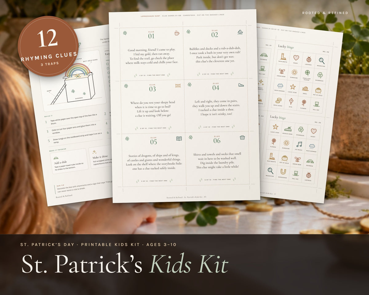 St. Patrick's Day Kids Kit printable from Rooted & Refined: cover preview with the printed pages styled on a table