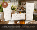 Realistic Cleaning Rhythm & Schedule printable from Rooted & Refined: cover preview with the printed pages styled on a table