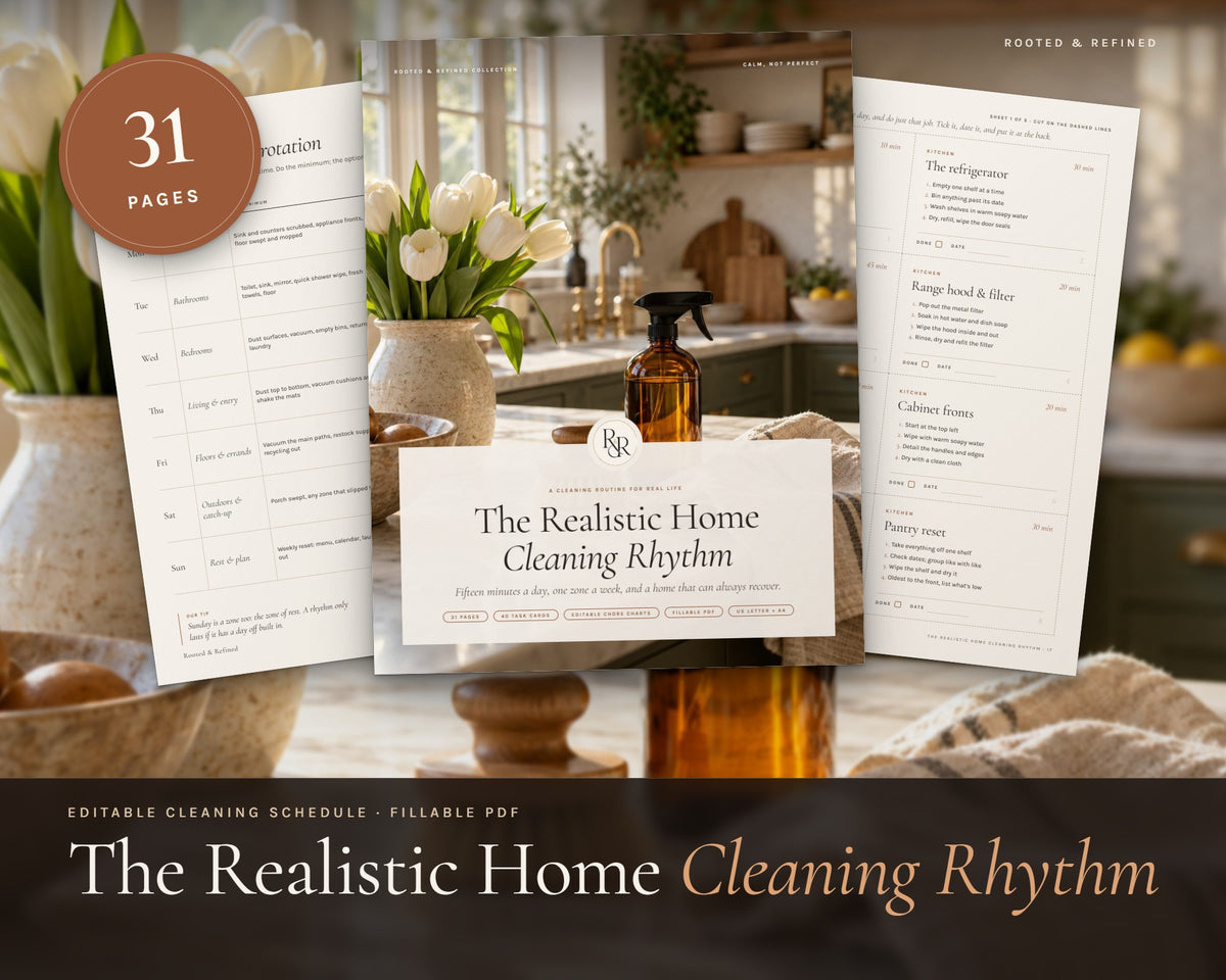 Realistic Cleaning Rhythm & Schedule printable from Rooted & Refined: cover preview with the printed pages styled on a table