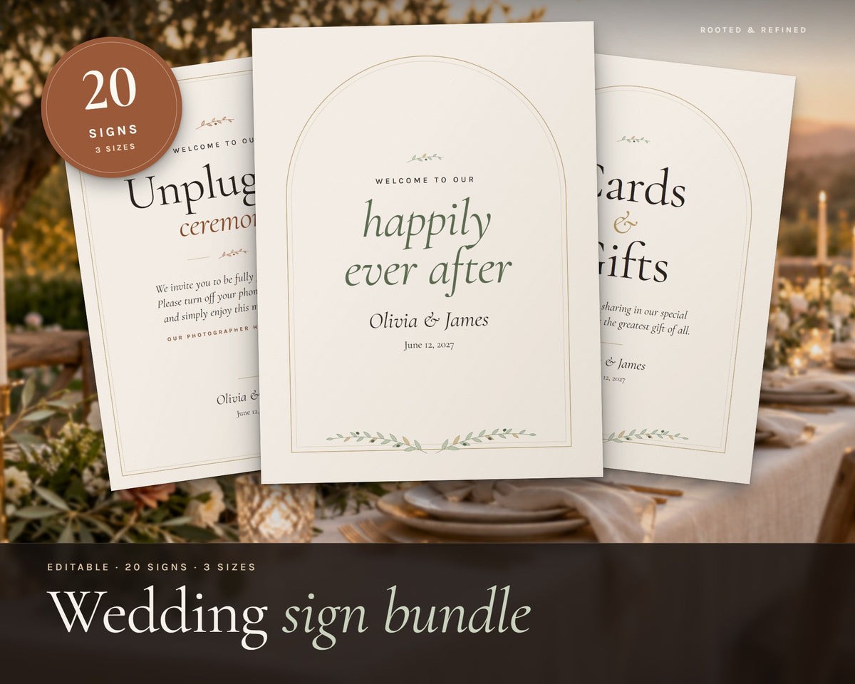 Wedding Sign Bundle (20 Signs) printable from Rooted & Refined: cover preview with the printed pages styled on a table