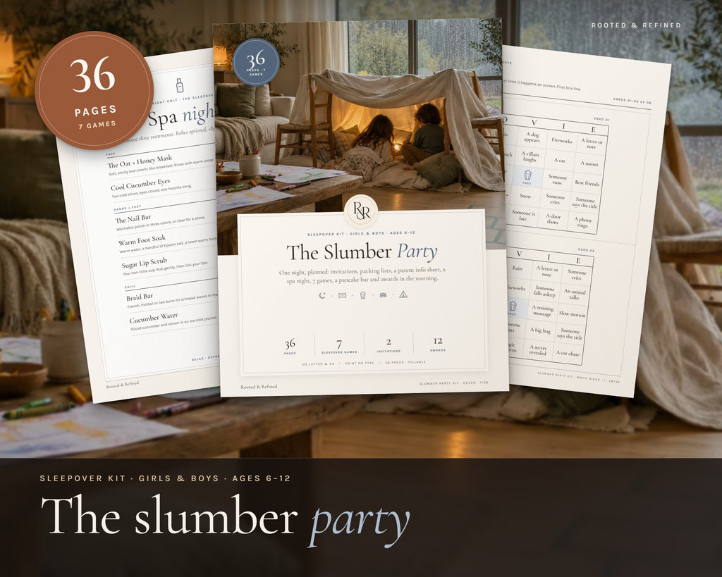 Slumber Party Kit for Girls and Boys printable from Rooted & Refined: cover preview with the printed pages styled on a table