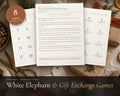 8 White Elephant & Gift Exchange Games printable from Rooted & Refined: cover preview with the printed pages styled on a table