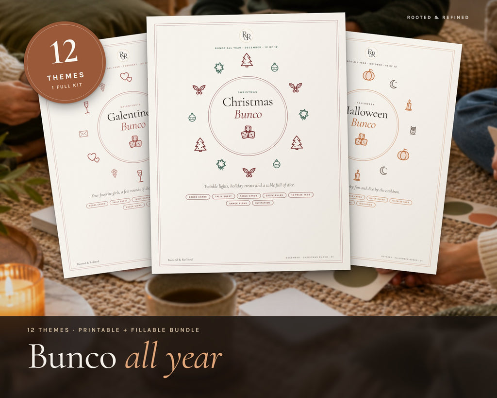 Bunco Year Bundle: 12 Themes printable from Rooted & Refined: cover preview with the printed pages styled on a table
