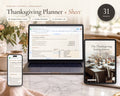 Thanksgiving Planner and Dinner Spreadsheet printable from Rooted & Refined: cover preview with the printed pages styled on a table
