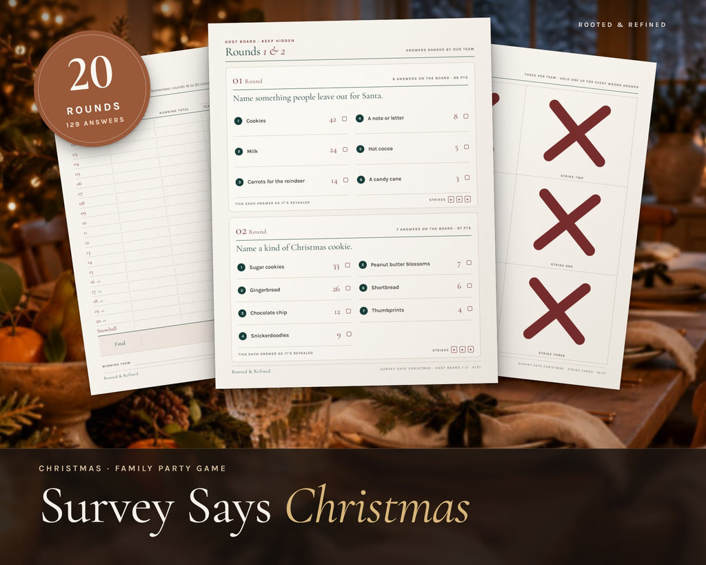 Survey Says Christmas Game printable from Rooted & Refined: cover preview with the printed pages styled on a table