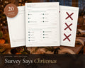 Survey Says Christmas Game printable from Rooted & Refined: cover preview with the printed pages styled on a table