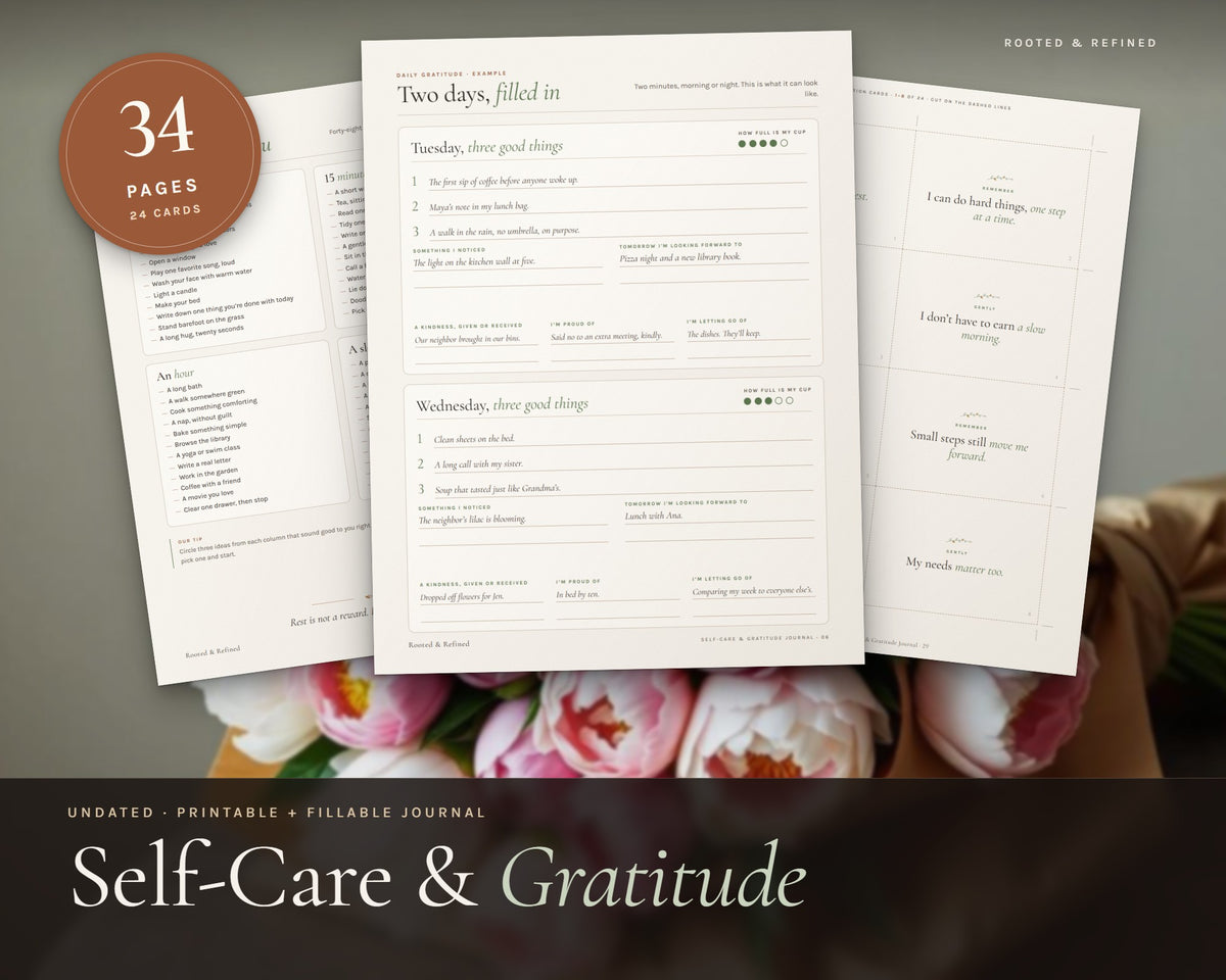 Self Care Journal printable from Rooted & Refined: cover preview with the printed pages styled on a table