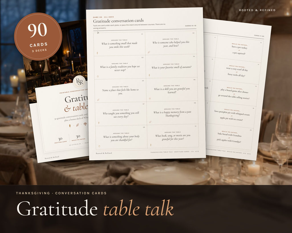 Thanksgiving Conversation Cards printable from Rooted & Refined: cover preview with the printed pages styled on a table