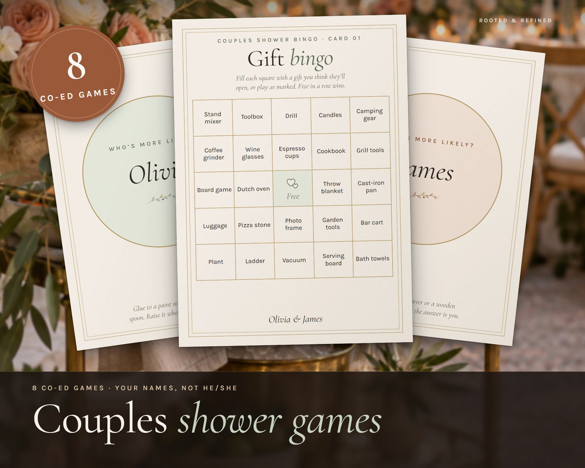 Couples Shower Games printable from Rooted & Refined: cover preview with the printed pages styled on a table