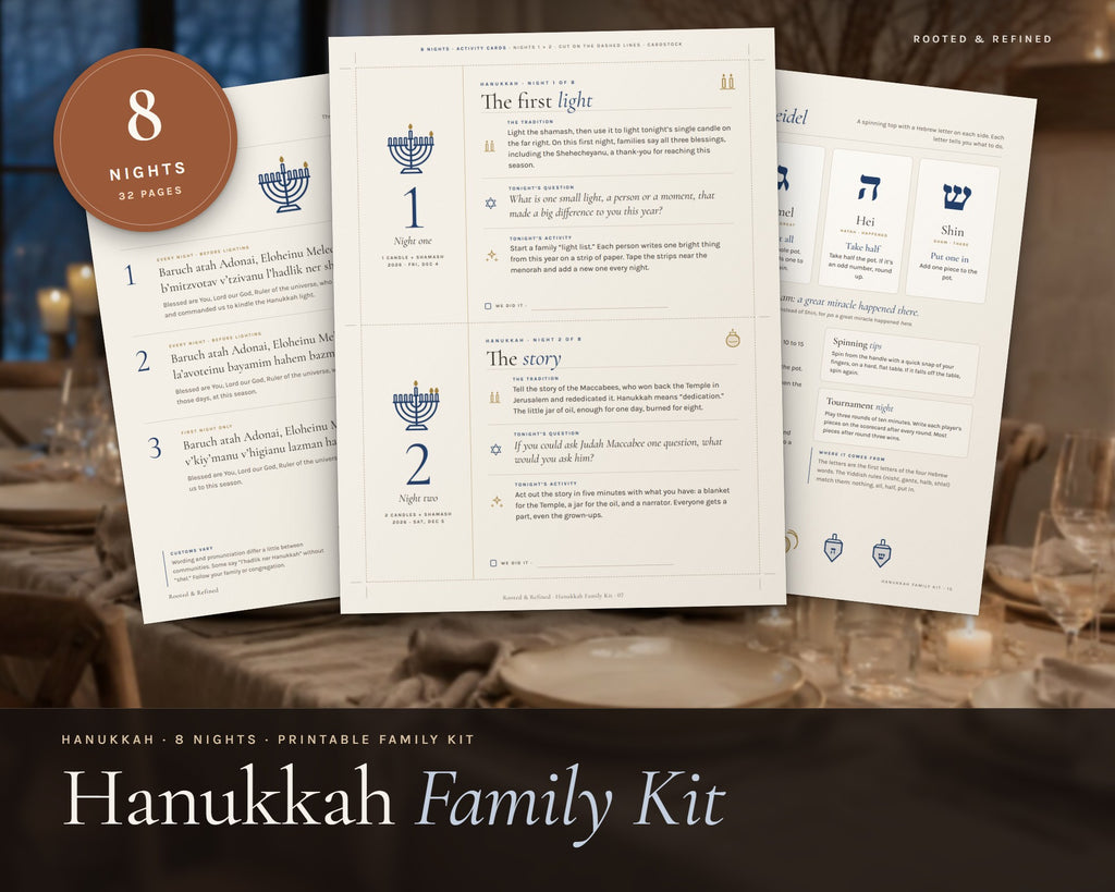 Hanukkah Family Activity Kit printable from Rooted & Refined: cover preview with the printed pages styled on a table