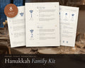 Hanukkah Family Activity Kit printable from Rooted & Refined: cover preview with the printed pages styled on a table