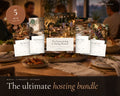 Ultimate Hosting Bundle printable from Rooted & Refined: cover preview with the printed pages styled on a table