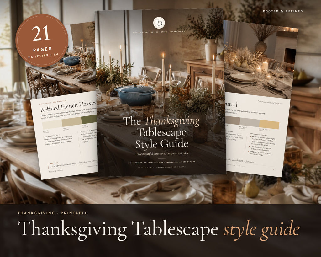 Thanksgiving Tablescape Guide printable from Rooted & Refined: cover preview with the printed pages styled on a table