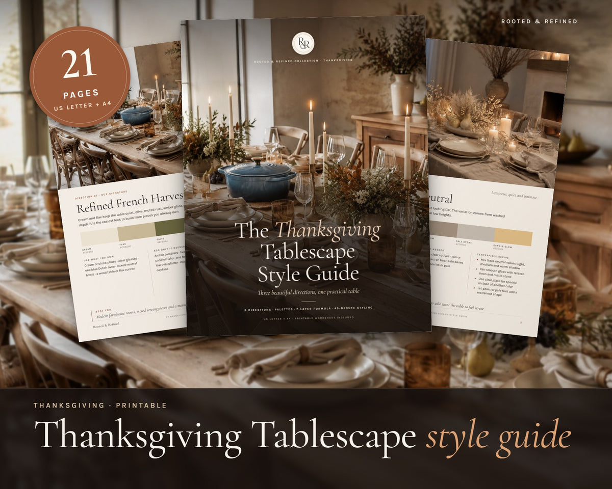 Thanksgiving Tablescape Guide printable from Rooted & Refined: cover preview with the printed pages styled on a table