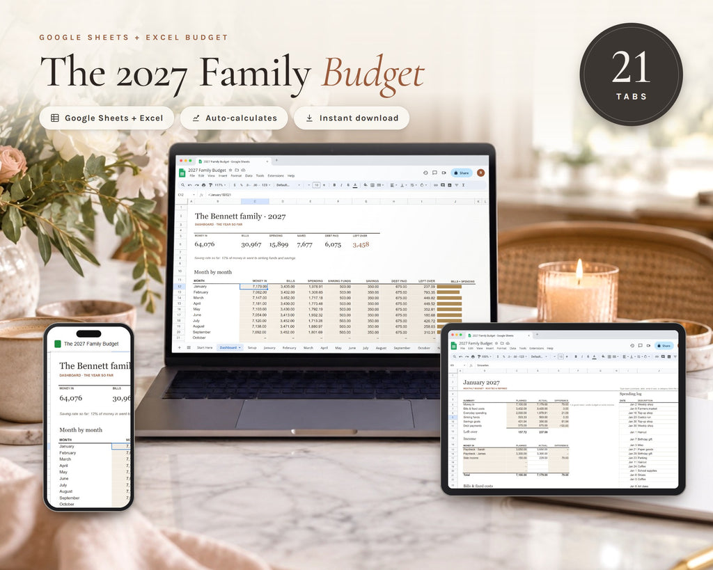 2027 Family Budget Spreadsheet printable from Rooted & Refined: cover preview with the printed pages styled on a table