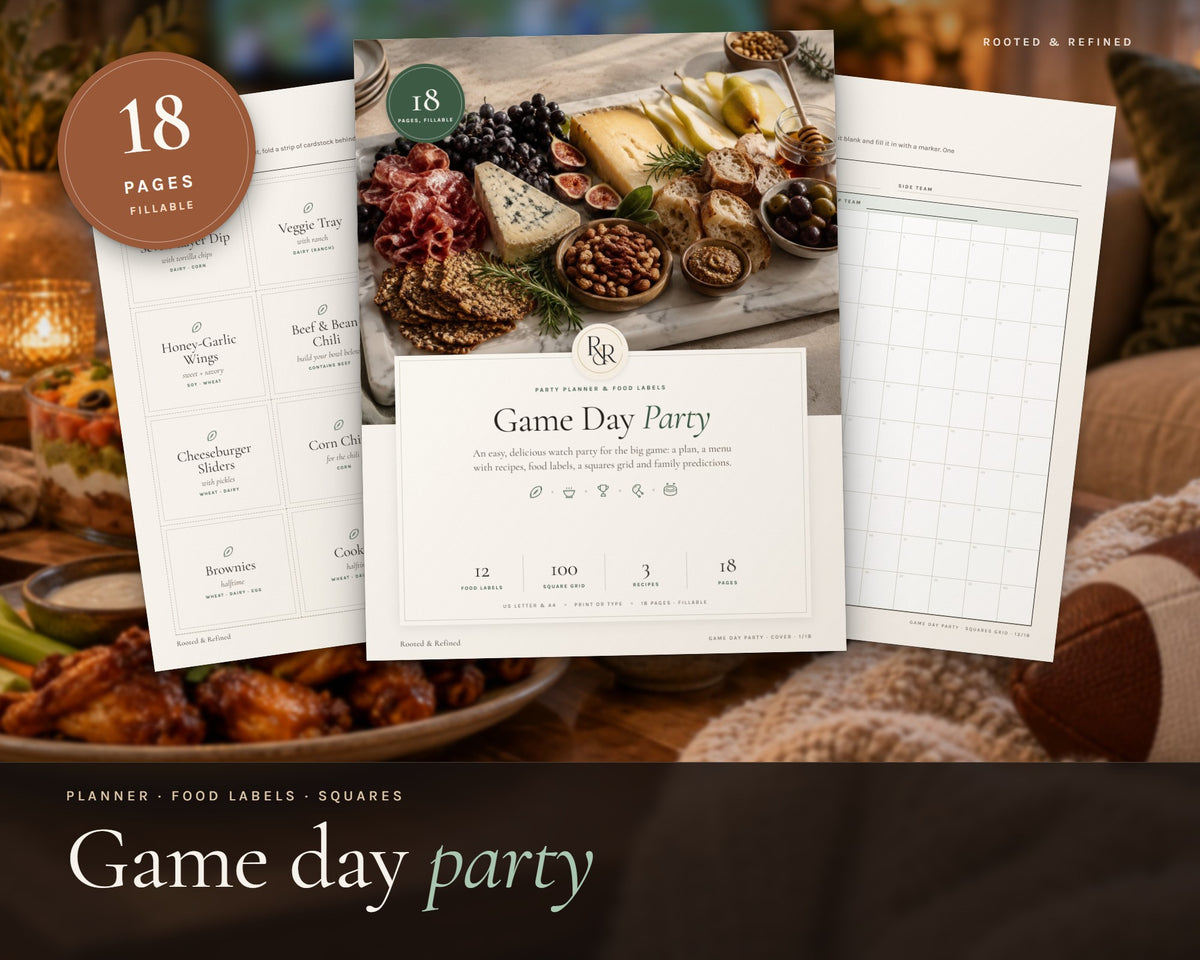 Football Party Planner printable from Rooted & Refined: cover preview with the printed pages styled on a table