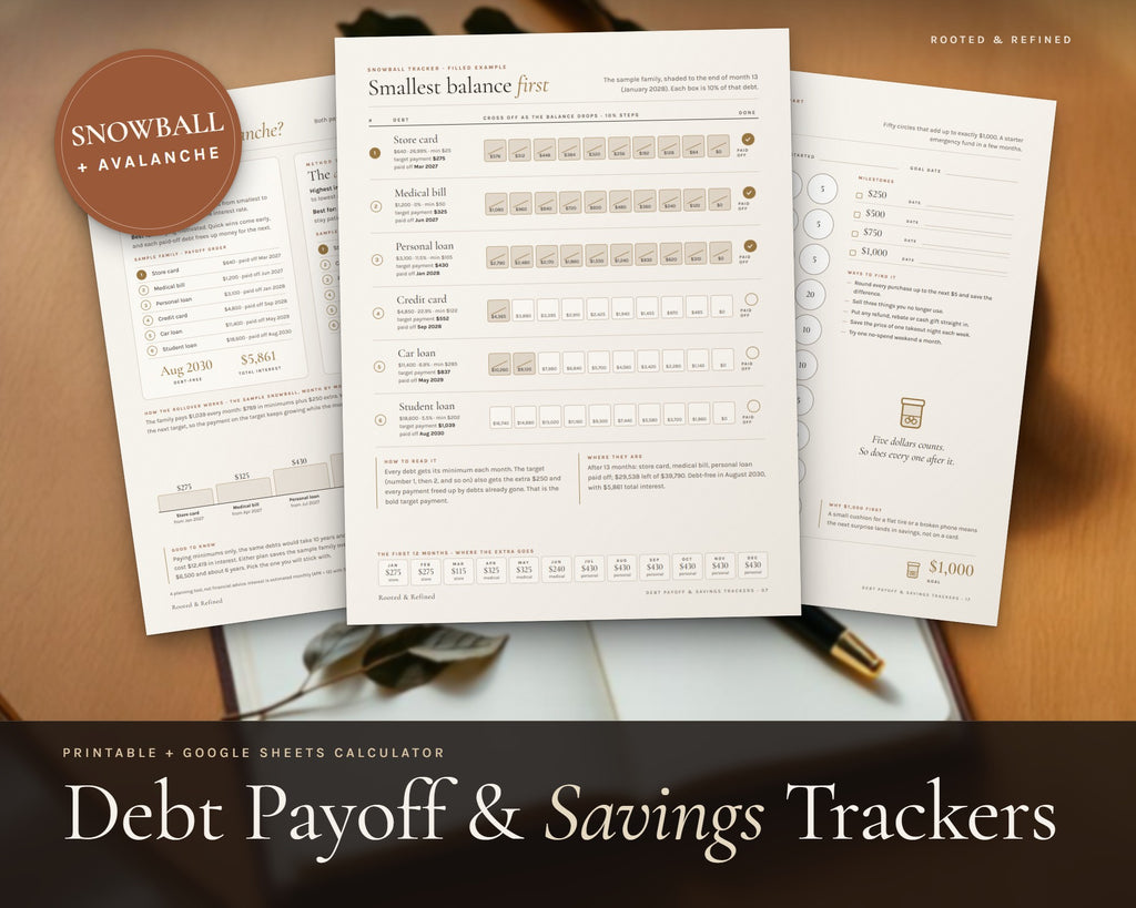 Debt Payoff Tracker printable from Rooted & Refined: cover preview with the printed pages styled on a table