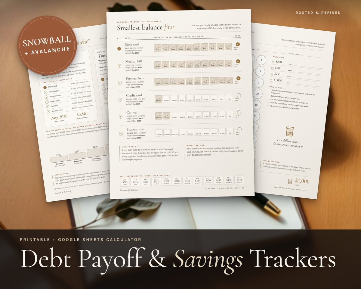 Debt Payoff Tracker printable from Rooted & Refined: cover preview with the printed pages styled on a table