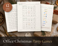 12 Office Christmas Party Games printable from Rooted & Refined: cover preview with the printed pages styled on a table