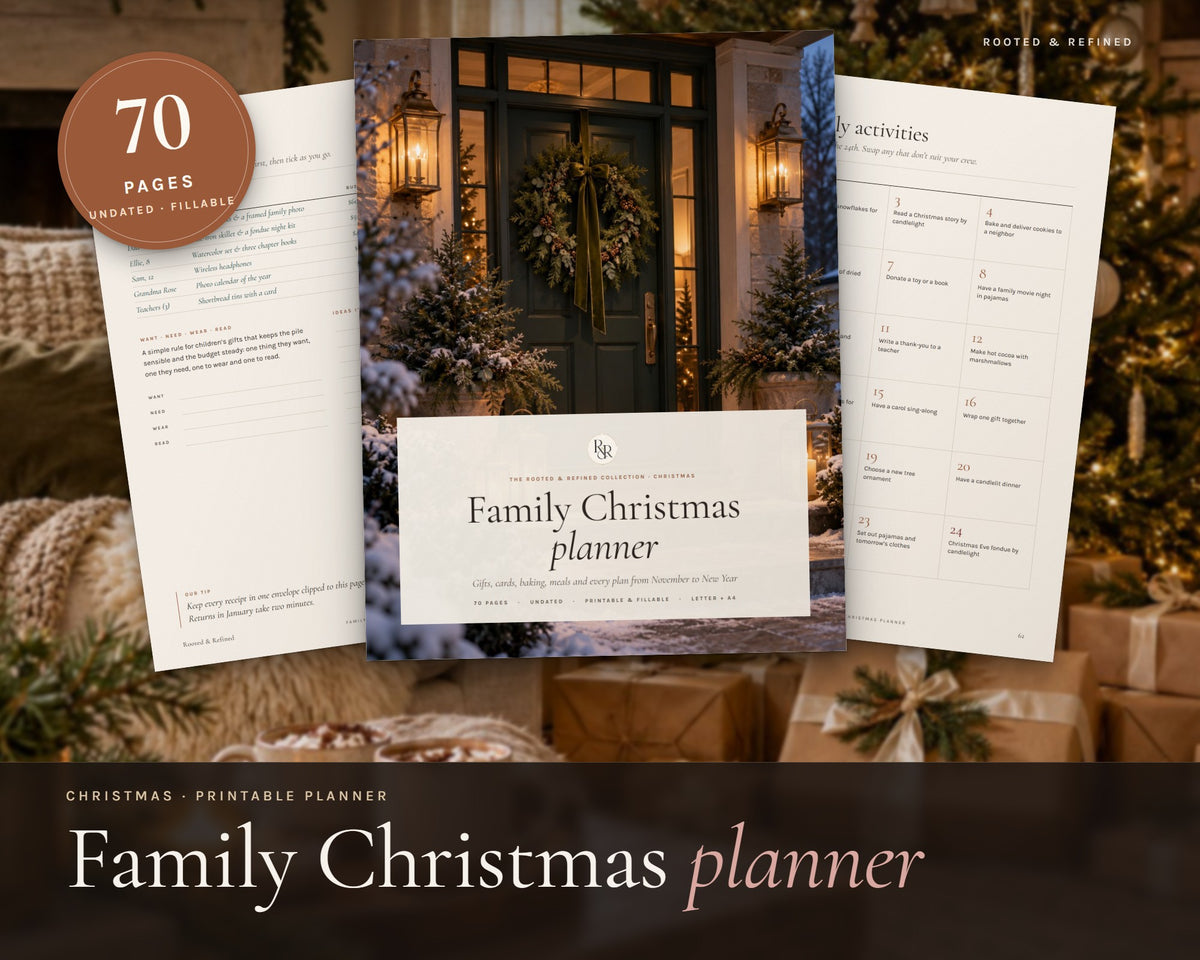 Family Christmas Planner printable from Rooted & Refined: cover preview with the printed pages styled on a table