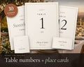 Wedding Table Numbers 1-30 printable from Rooted & Refined: cover preview with the printed pages styled on a table