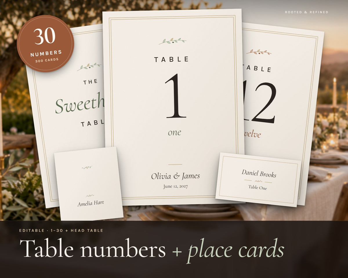 Wedding Table Numbers 1-30 printable from Rooted & Refined: cover preview with the printed pages styled on a table