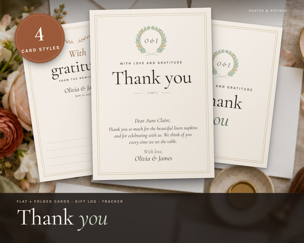 Wedding Thank You Cards printable from Rooted & Refined: cover preview with the printed pages styled on a table