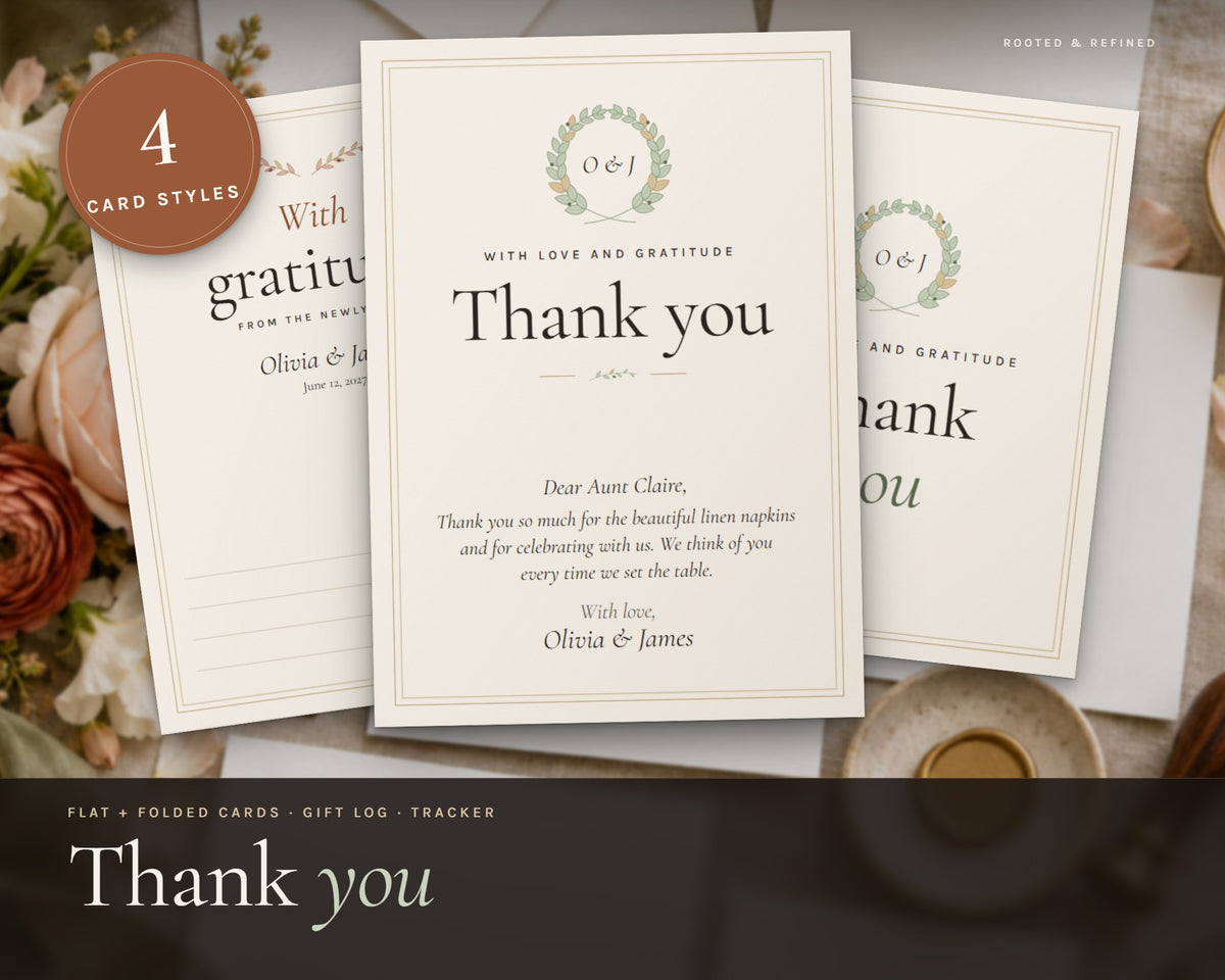 Wedding Thank You Cards printable from Rooted & Refined: cover preview with the printed pages styled on a table