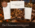 The Complete Christmas Hosting Guide printable from Rooted & Refined: cover preview with the printed pages styled on a table