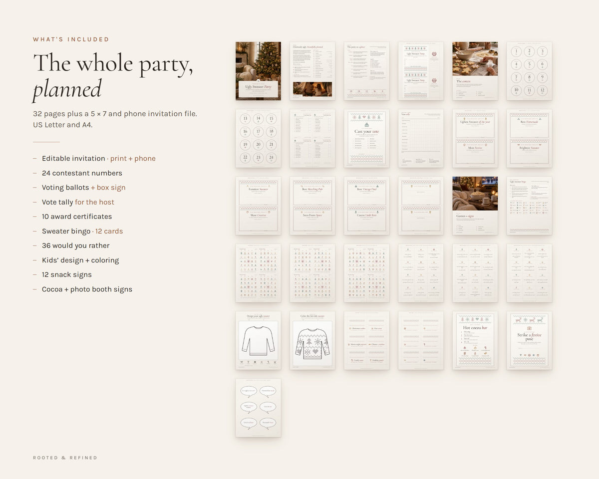 What's included in the Ugly Sweater Party Kit printable: an overview of every page in the download