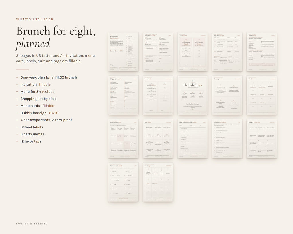 What's included in the Galentine's Brunch Kit printable: an overview of every page in the download