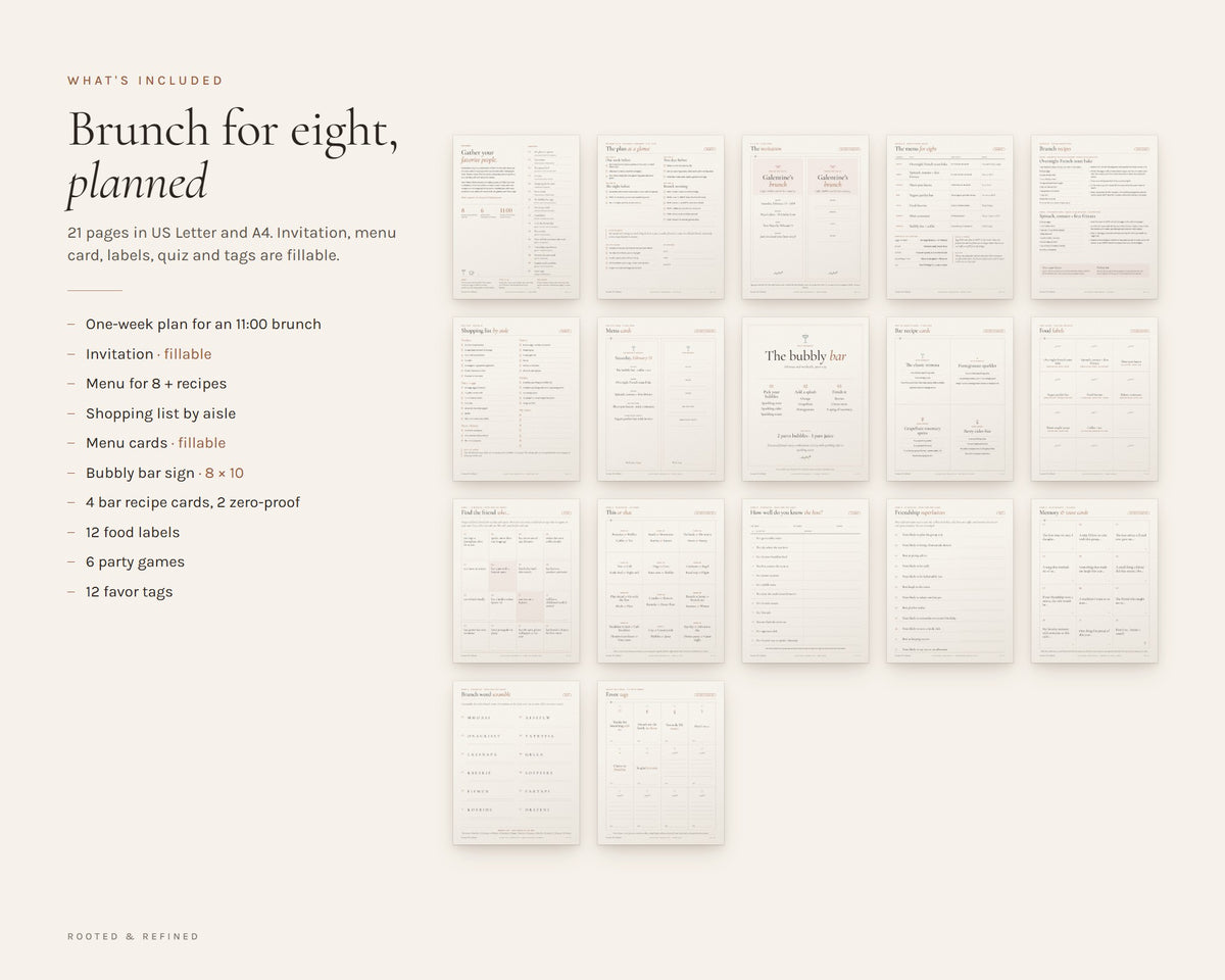 What's included in the Galentine's Brunch Kit printable: an overview of every page in the download